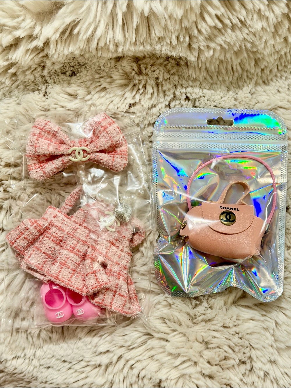 Pink Tweed Doll Outfit Set with Matching Purse and Bow with necklace 5pcs set